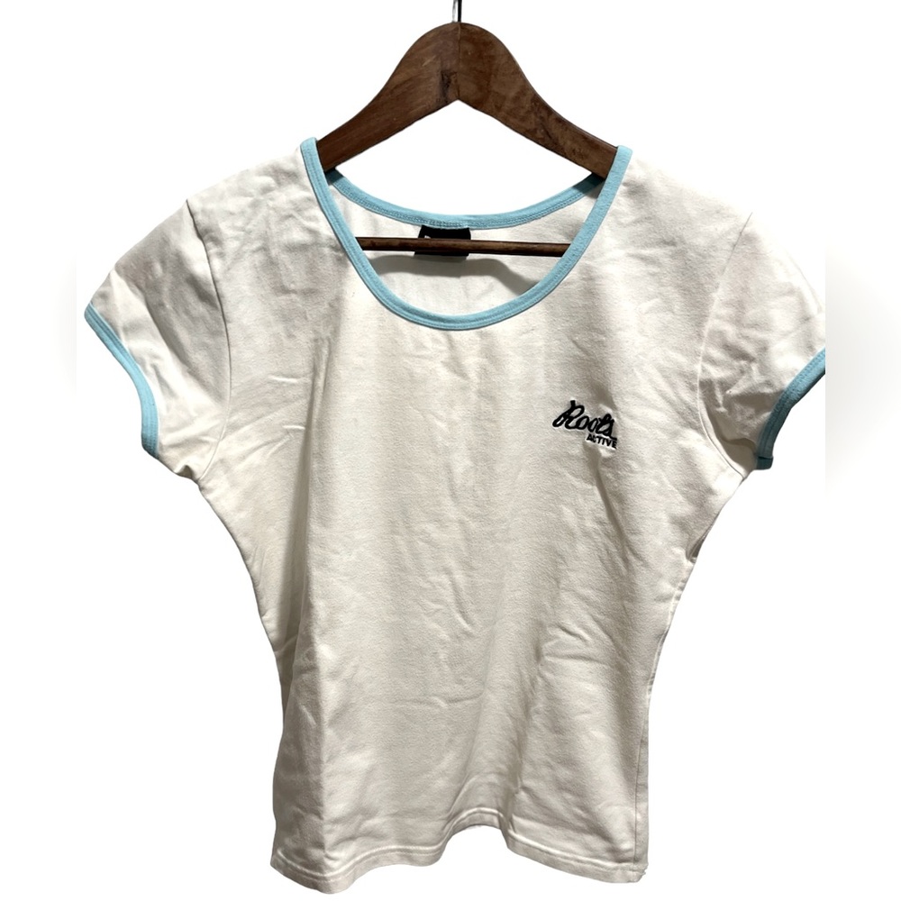 Roots Active Ringer White Teal Cropped Crewneck Short sleeved Shirt Sz S